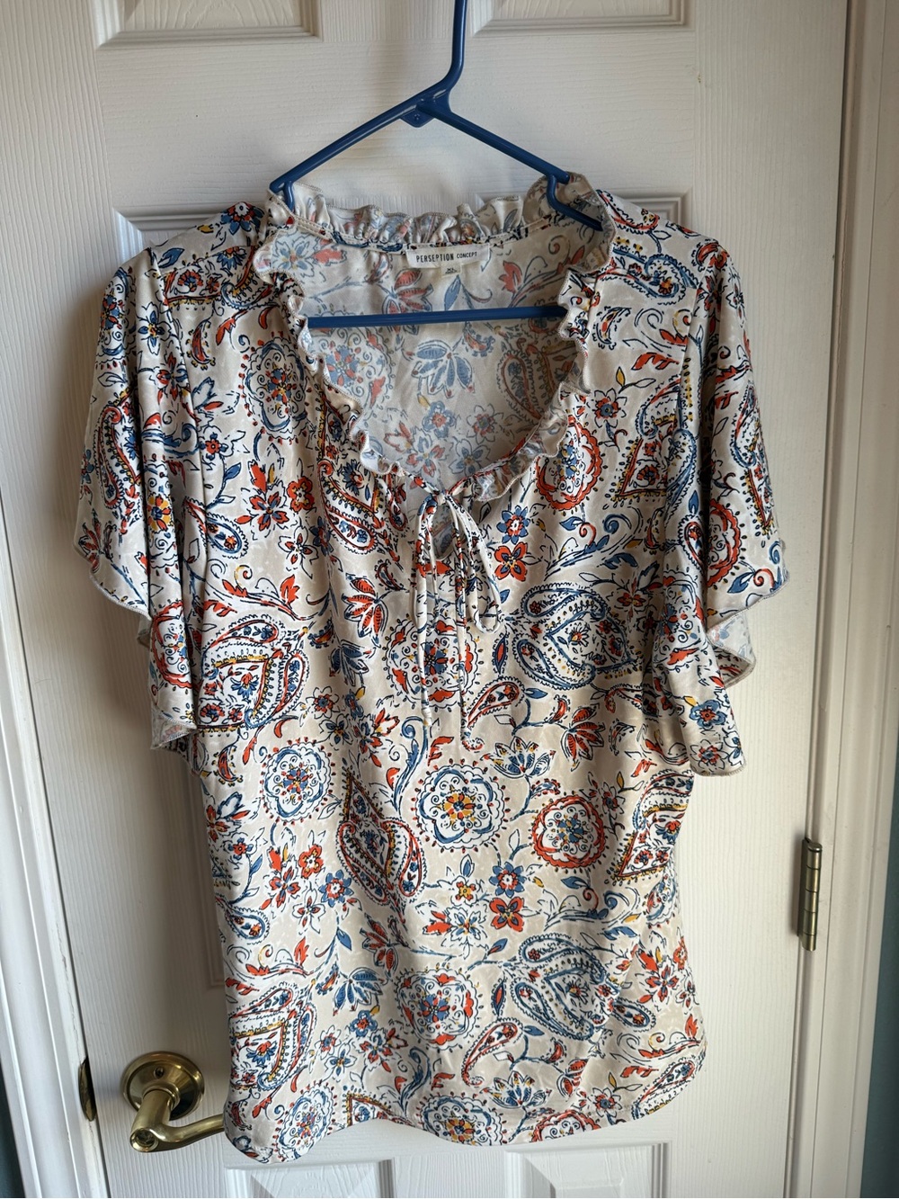 Perseption Concept Paisley Ruffle Neck Tie Blouse